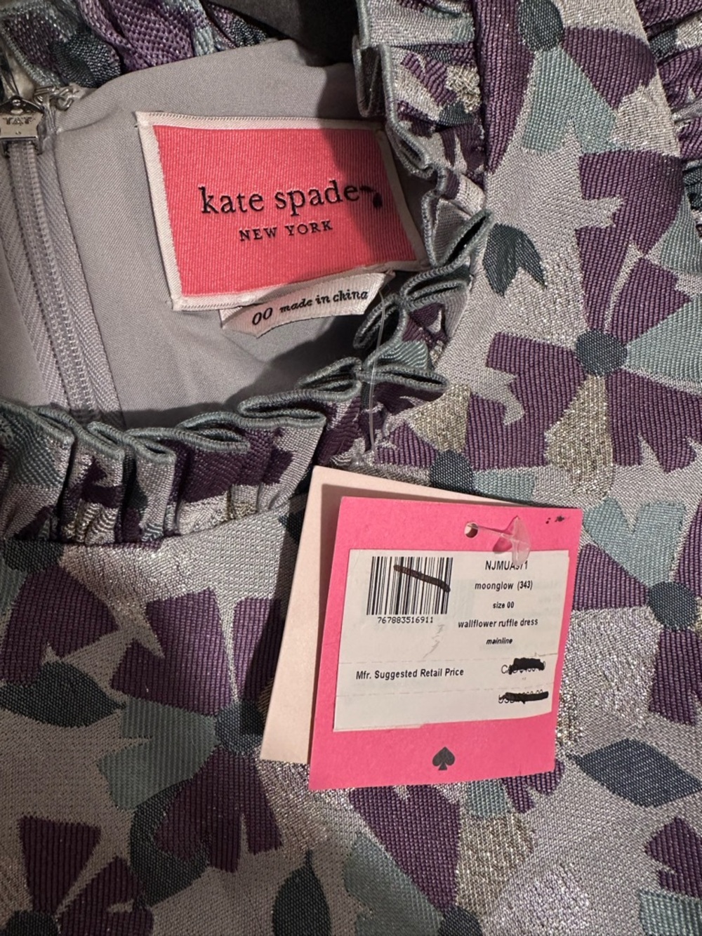 kate spade Moonglow wallflower ruffle Silver Dress Purple Floral Jacquard NWT 00 - Picture 2 of 16